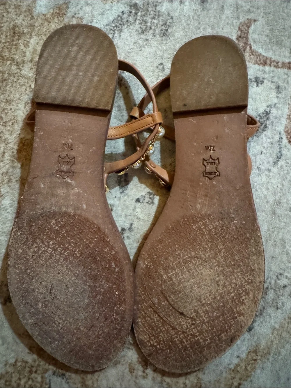 Tory Burch Brown Pearl-Embellished T-Strap Sandals